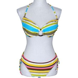 Vintage Hot Kiss Striped Sequins Ruched Tie Back Low Rise Bikini Size M